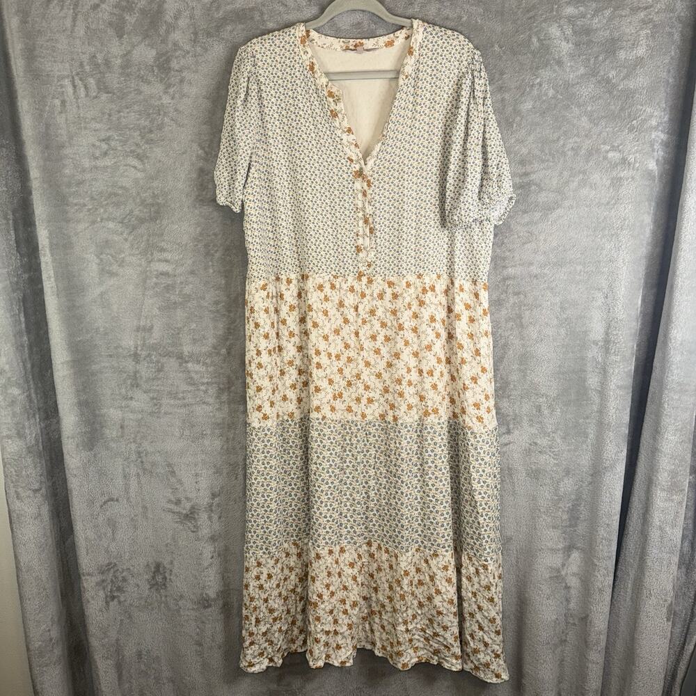 My Danielle Floral Patchwork Midi Dress SZ XXL Textured Cottage Tiered Boho